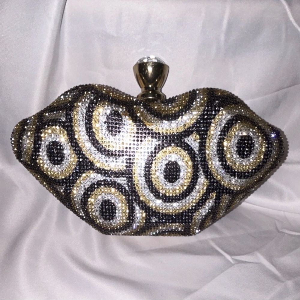 One of a kind! Silver Gold Black Beaded Metal Clutch Bag with Crystal Clasp